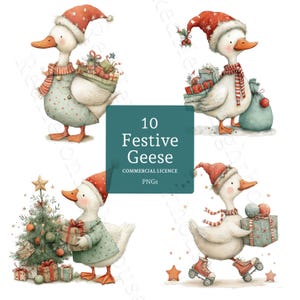 May include: Watercolor illustration of four festive geese wearing Santa hats and scarves, carrying gifts and decorating a Christmas tree. The image includes the text "10 Festive Geese" and "Commercial Licence PNGs".