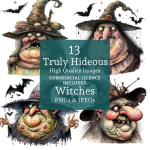 Conjunto de imágenes prediseñadas de brujas feas y divertidas, 13 PNG y JPEG Brujas horribles y divertidas, arte de Halloween caprichoso, USO COMERCIAL Descarga digital / AR0723