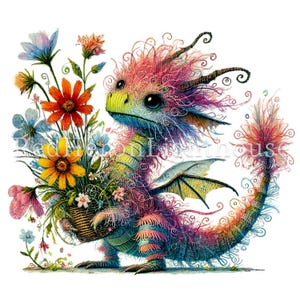 Op de afbeelding: Een kleurrijke, fantasierijke draak met roze, blauwe en groene schubben houdt een mand met bloemen vast. De draak heeft een lange, gekrulde staart en een paar vleugels. De bloemen zijn in verschillende kleuren, waaronder geel, rood en blauw.
