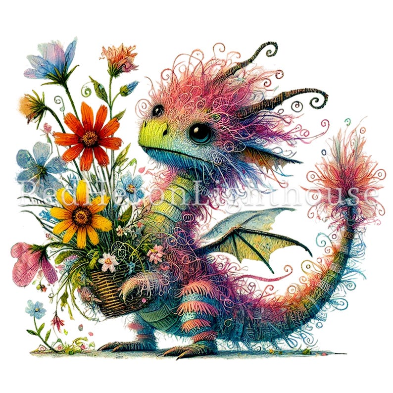 Op de afbeelding: Een kleurrijke, fantasierijke draak met roze, blauwe en groene schubben houdt een mand met bloemen vast. De draak heeft een lange, gekrulde staart en een paar vleugels. De bloemen zijn in verschillende kleuren, waaronder geel, rood en blauw.