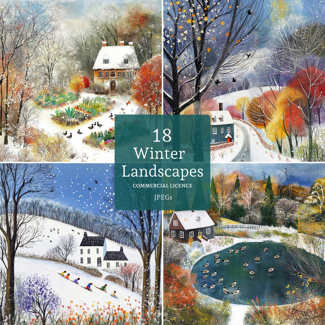 冬の風景クリップアート、高画質JPG画像18枚、雪景色の田舎のコテージ