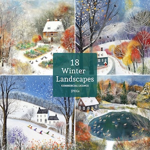 Clipart paysage d'hiver, 18 fichiers JPG de haute qualité, scènes fantaisistes de chalets ruraux enneigés, fabrication de cartes, journal indésirable UTILISATION COMMERCIALE | BR0327-1
