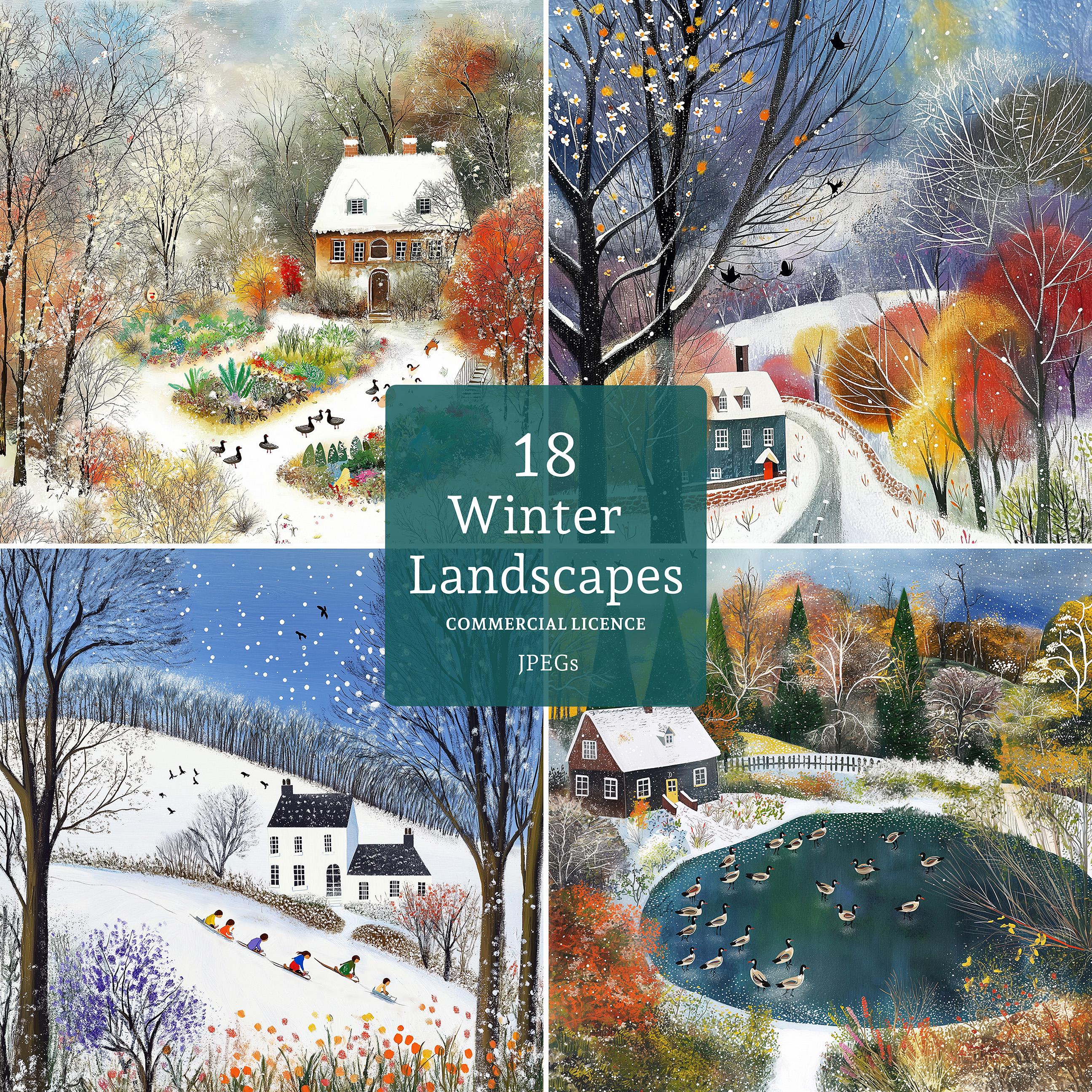 冬の風景クリップアート、高画質JPG画像18枚、雪景色の田舎のコテージ