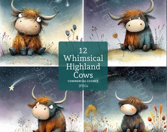 Highland Kuh Clip Art: Aquarell Bauernhof, 12 JPGs, Digital Download, Kommerzielle Nutzung