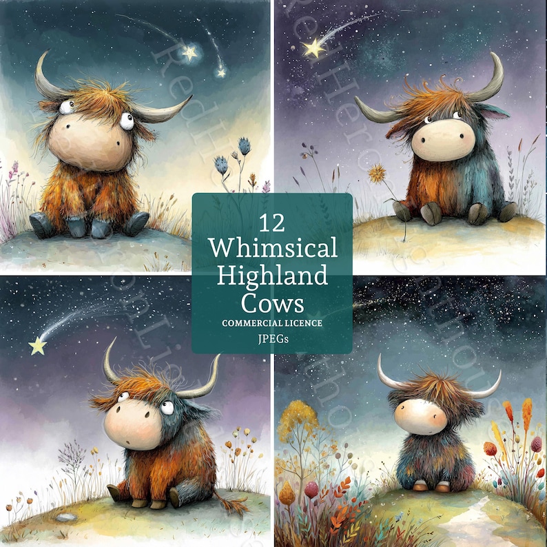 May include: A set of four whimsical watercolor illustrations of Highland cows. Each cow is depicted with fluffy brown and blue fur, large horns, and a sweet expression, set against a starry night sky. The text "12 Whimsical Highland Cows" is included.
