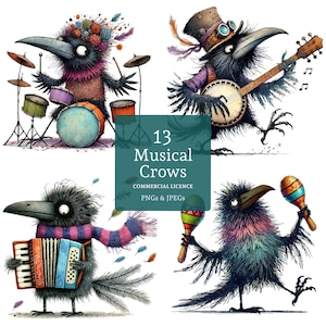 Funny Crow Clipart 13 High Quality PNGs/JPGs Caricature Bird Images, Quirky Music Lover Art, Journaling, Card Making COMMERCIAL USE | BR0123