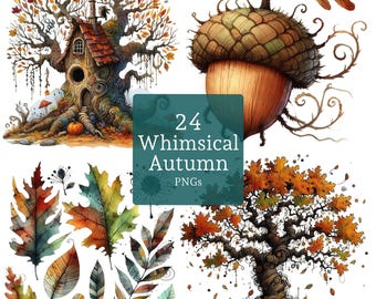 Autumn Trees, High Quality 24 PNG Images of Whimsical Fall Trees, Leaves & Acorns for Crafting, Commercial Use, Digital Download | AR0911-1