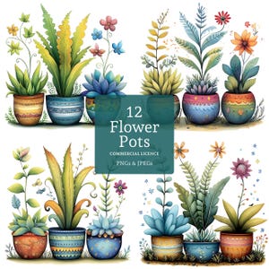 Clipart de maceta original, 12 PNG/JPG de alta calidad, imágenes florales en acuarela, creación de tarjetas, manualidades en papel/digitales, uso comercial / BR0416-2
