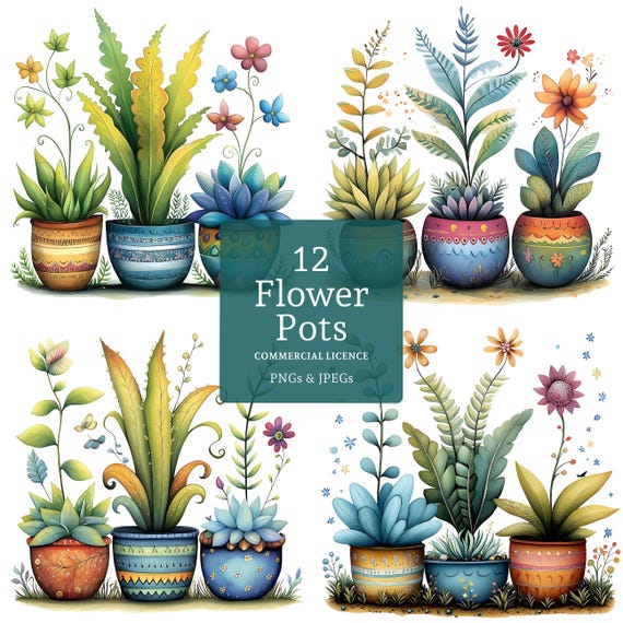 Quirky Flower Pot Clipart, 12 High Quality PNGs/JPGs, Watercolour Floral Images, Card Making, Paper/Digital Craft, COMMERCIAL USE | BR0416-2