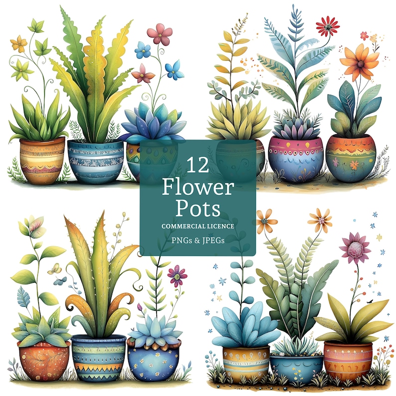 May include: Twelve colorful flower pots with various plants and flowers. The pots are decorated with different patterns and colors. The image includes the text "12 Flower Pots Commercial Licence PNGs & JPEGs".