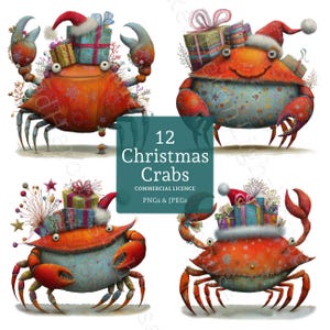 May include: A digital illustration featuring four cartoon crabs, each adorned with a Santa hat and holding wrapped gifts. The crabs are orange and red, with blue and white accents. The image includes the text "12 Christmas Crabs".