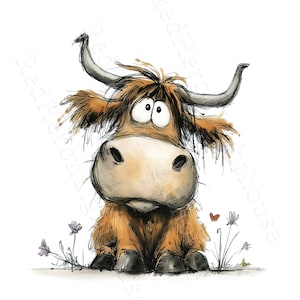 May include: A whimsical illustration of a Highland cow with large, expressive eyes and a shaggy, brown coat. The cartoon cow has large horns and is sitting in a field with small purple flowers and a red heart.