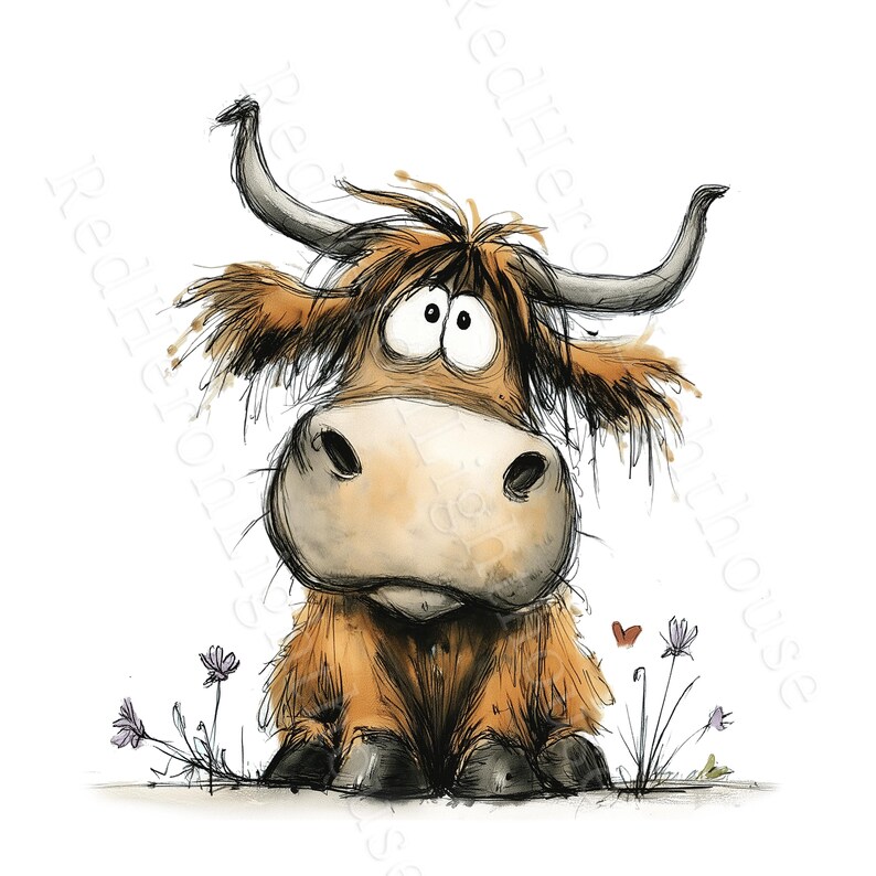 May include: A whimsical illustration of a Highland cow with large, expressive eyes and a shaggy, brown coat. The cartoon cow has large horns and is sitting in a field with small purple flowers and a red heart.