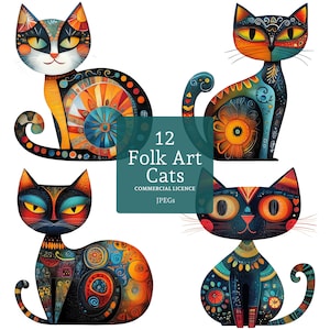 May include: Four colorful folk art cats with geometric patterns and bright colors. The cats are in various poses, including sitting, standing, and lying down. The background is white.