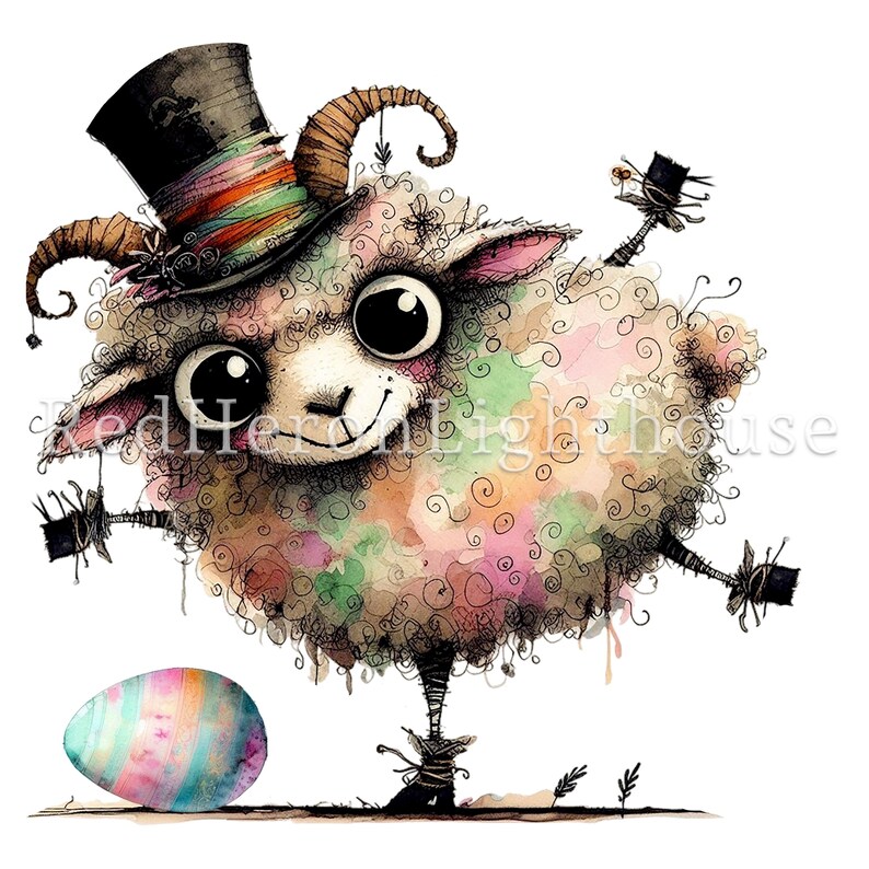 May include: A whimsical watercolor illustration of a sheep wearing a top hat and standing on one leg, with a colorful Easter egg in the foreground.
