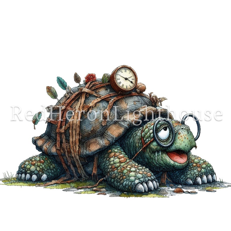 May include: A cartoon illustration of a turtle wearing glasses and carrying a clock on its back. The turtle is green and brown with a textured shell. The clock is round and has Roman numerals. The turtle is on a green patch of grass.