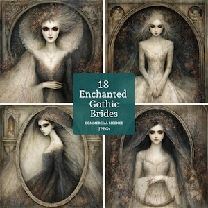 May include: Four digital art images of gothic brides in ornate frames. Each bride is depicted in a flowing gown with pale skin and dark eye makeup. The images are in muted tones with a teal square that reads "18 Enchanted Gothic Brides".