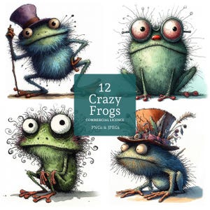 Crazy Frog Clipart, 12 High Quality PNGs & JPGs, Funny Frog Designs, Quirky Toads, Paper Crafts, COMMERCIAL USE, Digital Download | AR0517-1