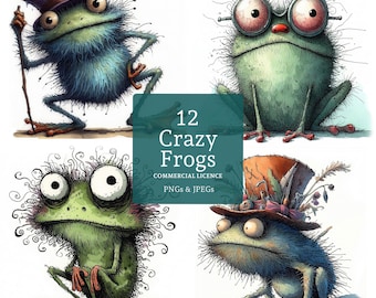 Crazy Frog Clipart, 12 High Quality PNGs & JPGs, Funny Frog Designs, Quirky Toads, Paper Crafts, COMMERCIAL USE, Digital Download | AR0517-1