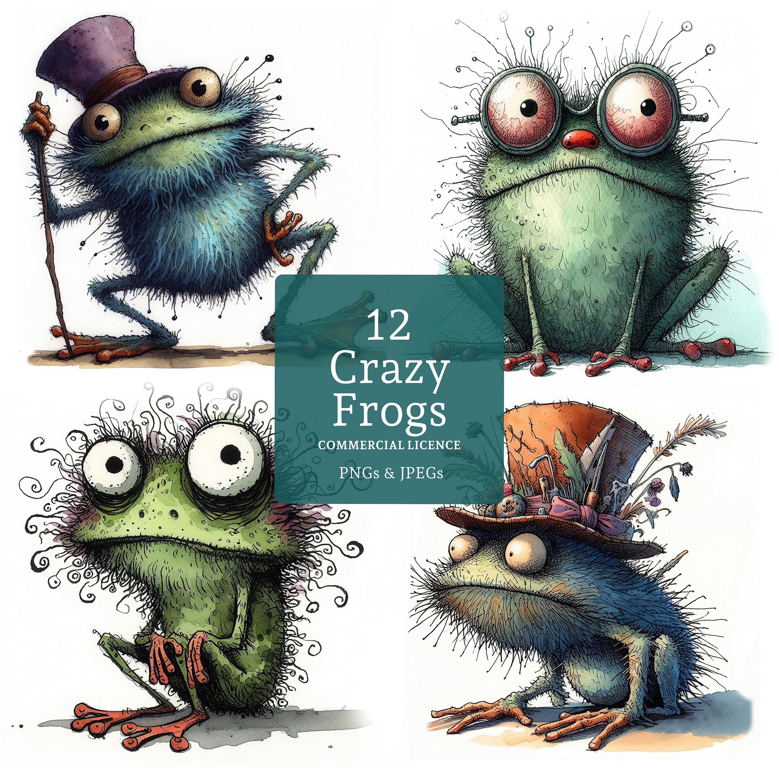 Clipart di Rana Pazza, 12 PNG e JPG di Alta Qualità, Disegni di Rane Divertenti, Rospi Stravaganti, Creazioni di Carta, USO COMMERCIALE, Download Digitale / AR0517-1