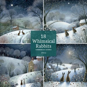 May include: Four winter landscape paintings showing rabbits in a snowy setting. Each scene depicts a whimsical, moonlit night with rolling hills, trees, and small houses. The text "18 Whimsical Rabbits" is displayed on a teal square.