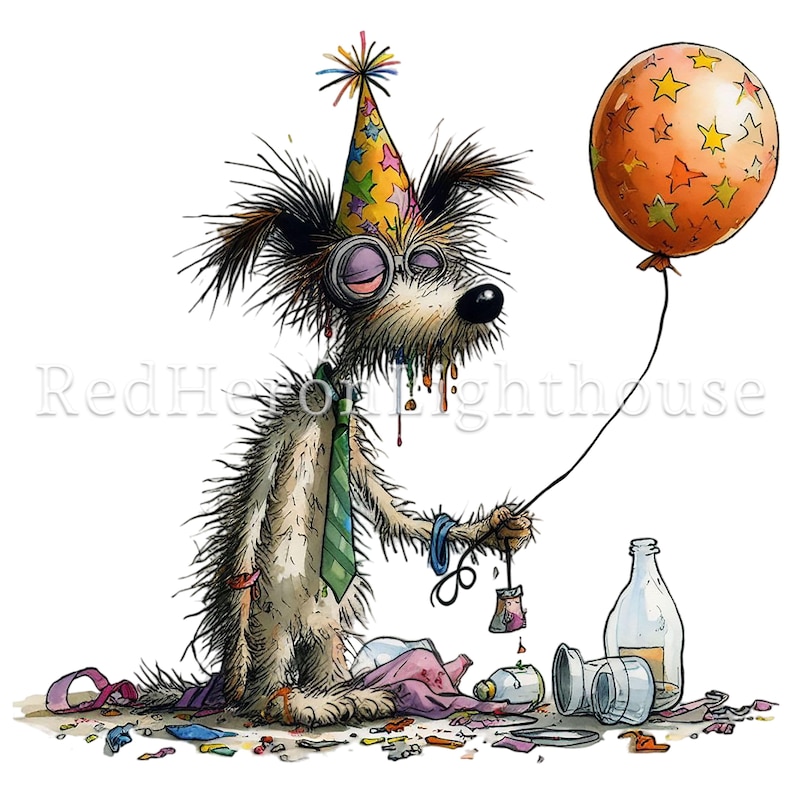 Pu&ograve; includere: Un'illustrazione stravagante di un cane con un cappello da festa e una cravatta, che tiene in mano un palloncino a forma di stella. Il cane appare spettinato, circondato da detriti di festa, bottiglie e coriandoli, suggerendo una scena post-festa. L'opera d'arte ha uno stile cartoonesco.
