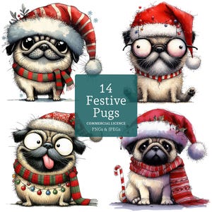 Funny Festive Pug Clipart, 14 High Quality PNGs/JPGs, Christmas Pet Images, Santa Dog Clipart, Holiday Crafting, COMMERCIAL USE | AR1202-1