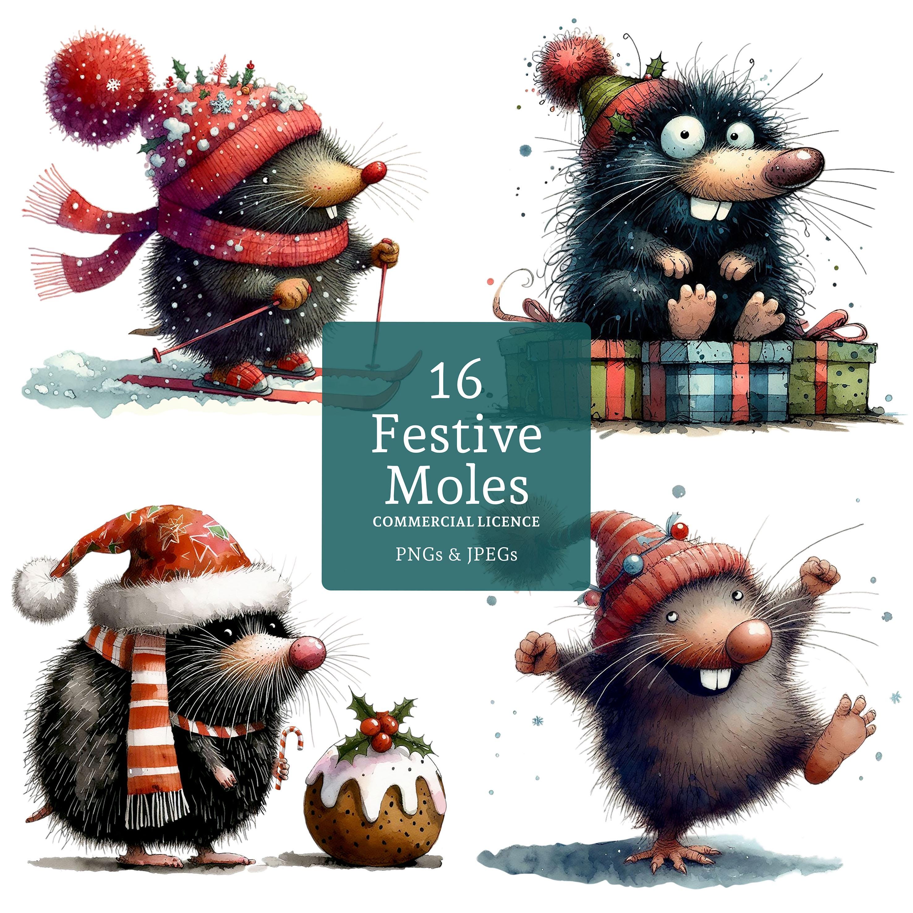 Christmas Mole Clipart, 16 High Quality PNGs/JPGs, Funny Festive Moles, Santa Hat Animal, Seasonal Gift Crafting, COMMERCIAL USE | AR1031-1