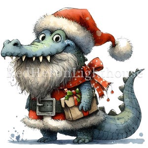 May include: A blue alligator wearing a red Santa hat, a red and white polka dot scarf, and a red Santa suit with a black belt. The alligator is holding a wrapped gift box and has a white beard.