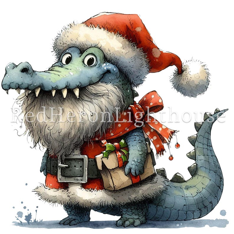May include: A blue alligator wearing a red Santa hat, a red and white polka dot scarf, and a red Santa suit with a black belt. The alligator is holding a wrapped gift box and has a white beard.