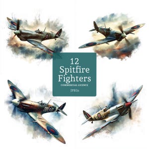 Clipart Spitfire de la seconde guerre mondiale, 12 fichiers JPG de haute qualité, aquarelle avion de chasse vintage, créations en papier, journal indésirable, UTILISATION COMMERCIALE | BR0613-1
