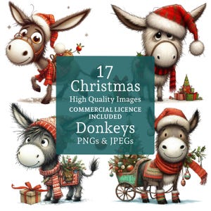Lindo burro navideño (17 PNG/JPG), imágenes prediseñadas festivas, diseños originales de animales invernales, descarga digital para uso comercial / AR0807