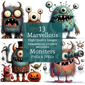 Kleine Monster Clipart 13 PNGs / JPGs, lustige Halloween Monster Clipart, schrullige Halloween-Kreaturen, KOMMERZIELLE NUTZUNG Digitaler Download | AR0820