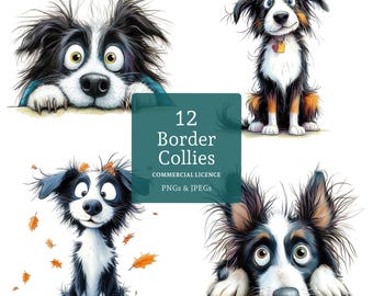 Funny Border Collie Clipart, 12 High Quality PNGs/JPGs, Watercolour Dog Images, Cute Puppies, Paper/Digital Craft, COMMERCIAL USE | BR0401