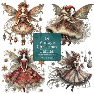 Clipart fée de Noël, dessins de haute qualité 14 PNGs/JPG fées de Style vintage, journal indésirable, utilisation commerciale téléchargement numérique | AR1007