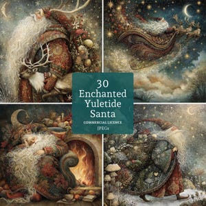 Può includere: Una collezione di quattro immagini di arte digitale con Babbo Natale in varie scene. Le immagini includono Babbo Natale con una renna, su una slitta, vicino a un camino e in una foresta. Il testo "30 Enchanted Yuletide Santa" è visibile.