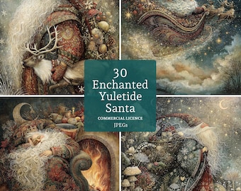 Enchanted Yuletide Santa Claus Clipart, Watercolour Winter Pagan Holiday Graphics, 30 JPGs, (Digital Download, Commercial Use)