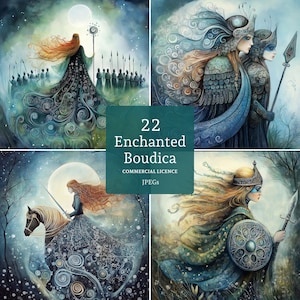 Clipart de Boudica Encantada, 22 JPGs de Alta Qualidade, Rainha Celta em Aquarela, Mulher Guerreira, Criação de Cartões, Registro no Diário, USO COMERCIAL | BR0401