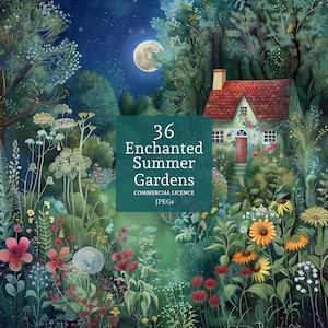 Verzauberte Sommergärten Clipart, 36 hochwertige JPGs, wunderliche Wiesenbilder, Journaling KOMMERZIELLE NUTZUNG | AR1218