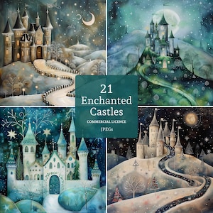 May include: A collage of four images featuring whimsical, fairytale-style castles with snowy landscapes and starry night skies. Each castle is unique and features a winding path leading up to its entrance. The text "21 Enchanted Castles" and "Commercial Licence" is displayed in the center of the collage.