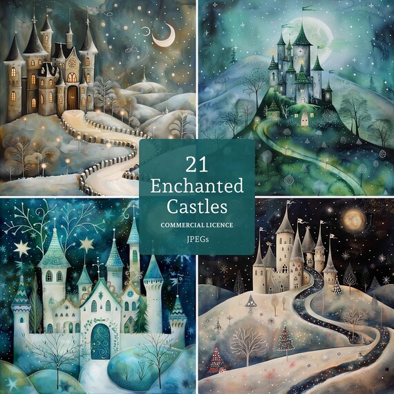 Enchanted Castle Clipart, 21 JPGs, Whimsical Snowy Fairytale Landscapes, Fantasy Printables, Digital Download, Commercial Use | AR1120-2