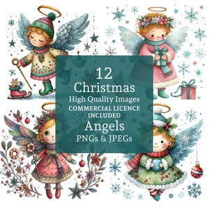 Weihnachtsengel-Clipart-Set, 12 PNGs / JPGs, süße festliche Engel-Designs, saisonale Urlaubsbilder, KOMMERZIELLE NUTZUNG, digitaler Download | AR0718-1