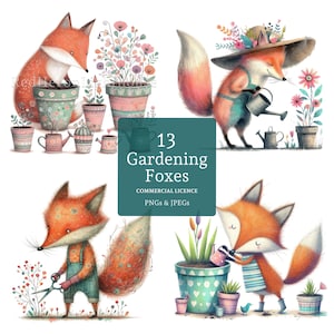 Clipart de Zorro Jardinero, 13 PNG/JPG de Alta Calidad, Imágenes de Animales Adorables, Jardinería Original, Creación de Tarjetas, Diario, USO COMERCIAL / BR0313