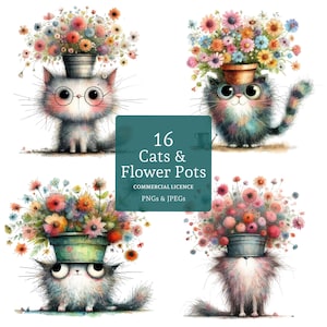 Clipart chat et pot de fleur, 16 fichiers PNG/JPG haute qualité, chatons floraux originaux, images d'animaux amusantes pour animaux de compagnie, usage commercial | BR0124-1