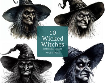 Clipart de Bruxa Malvada, Conjunto de 10 Imagens Assustadoras de Halloween em PNG e JPG (Download Digital, Uso Comercial) | AR0606-1