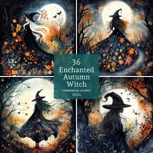 Enchanted Autumn Witch clipart, 36 hoge kwaliteit jpg's, aquarel halloween clipart, kaarten maken, junkjournaling, papier/digitaal | BR0528-1