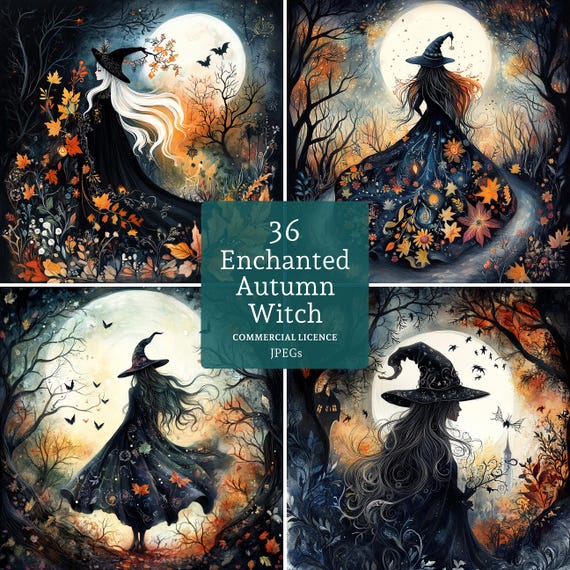 Enchanted Autumn Witch Clipart, 36 High Quality JPGs, Watercolour Halloween Clipart, Card Making, Junk Journaling, Paper/Digital | BR0528-1