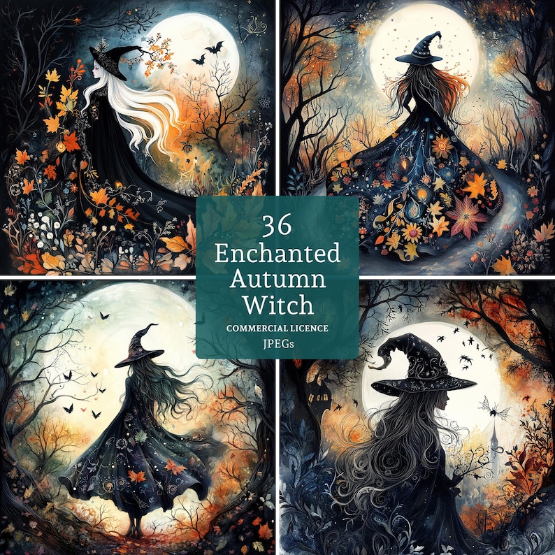 Enchanted Autumn Witch Clipart, 36 High Quality JPGs, Watercolour Halloween Clipart, Card Making, Junk Journaling, Paper/Digital | BR0528-1 image 1