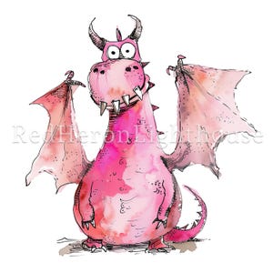 May include: A pink watercolor illustration of a cartoon dragon with large wings, a toothy grin, and big eyes. The dragon is standing on its hind legs with its wings spread out.