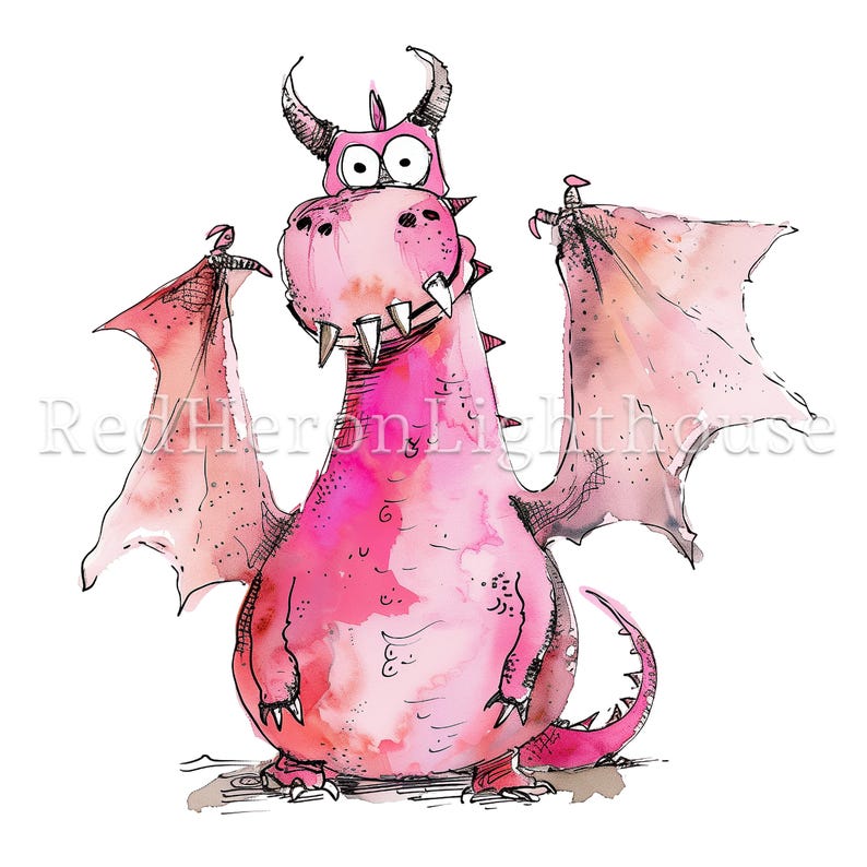 May include: A pink watercolor illustration of a cartoon dragon with large wings, a toothy grin, and big eyes. The dragon is standing on its hind legs with its wings spread out.